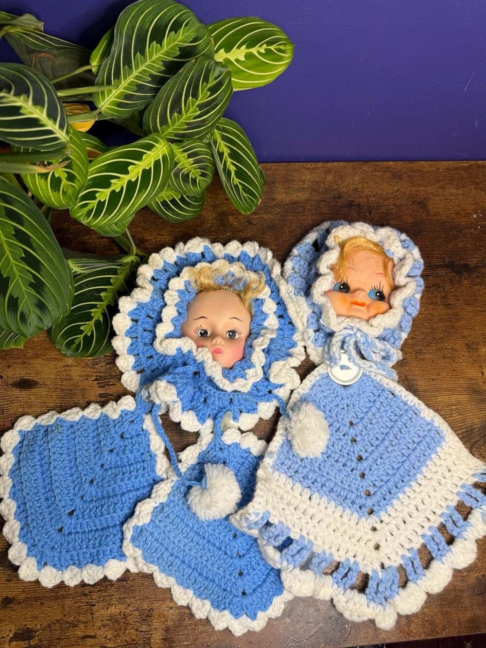Vtg Handmade Crochet Doll Head Kitchen Towel Toppers & Pot Holders Set of 2